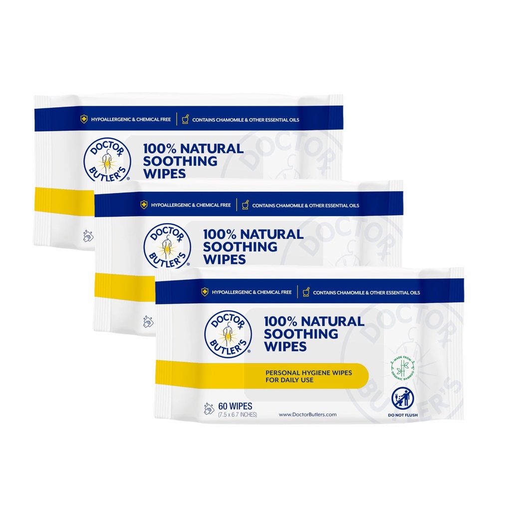 Wipes apaisantes du docteur Butler – Wipes humides tout-puissantes pour la peau sensible, Wipes faciales et Wipes pour bébés avec camomille et huiles essentielles* (3 pack – 60 comte)
