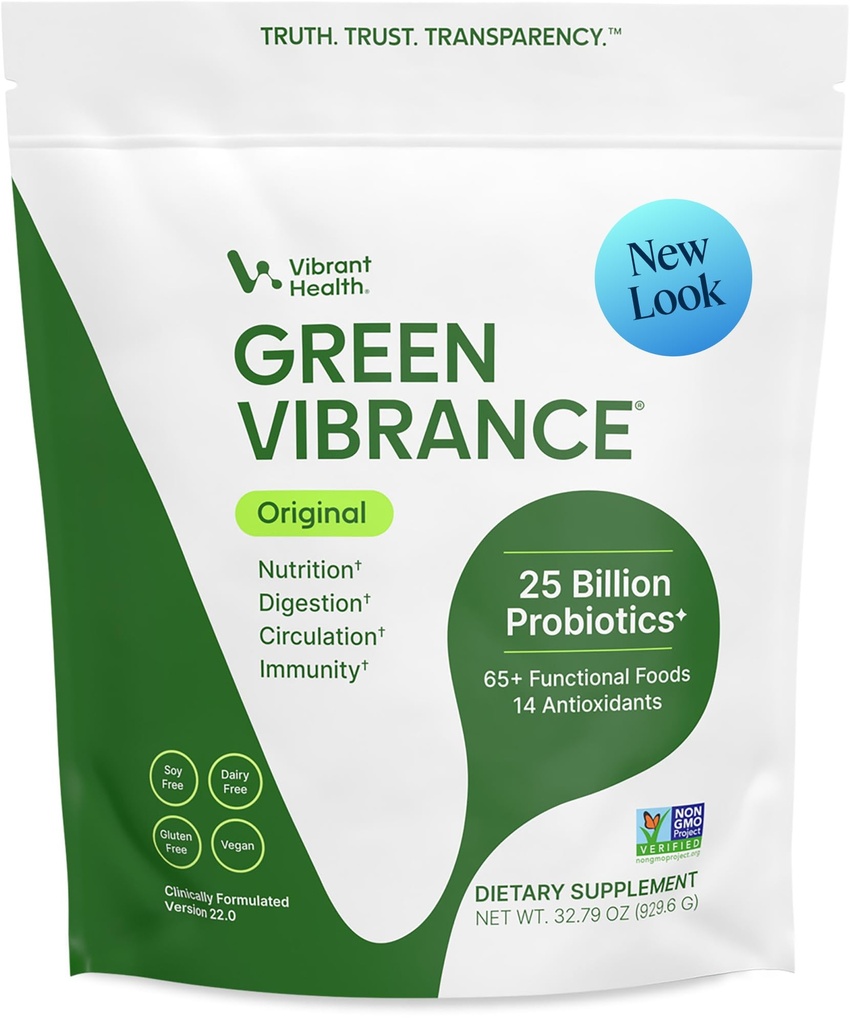 Vibrant Health, Green Vibrance, Includes 65 Plant Based Superfoods, 25 miljard Probiotica, Fiber, Adaptogens & Enzymes, 83 Servings