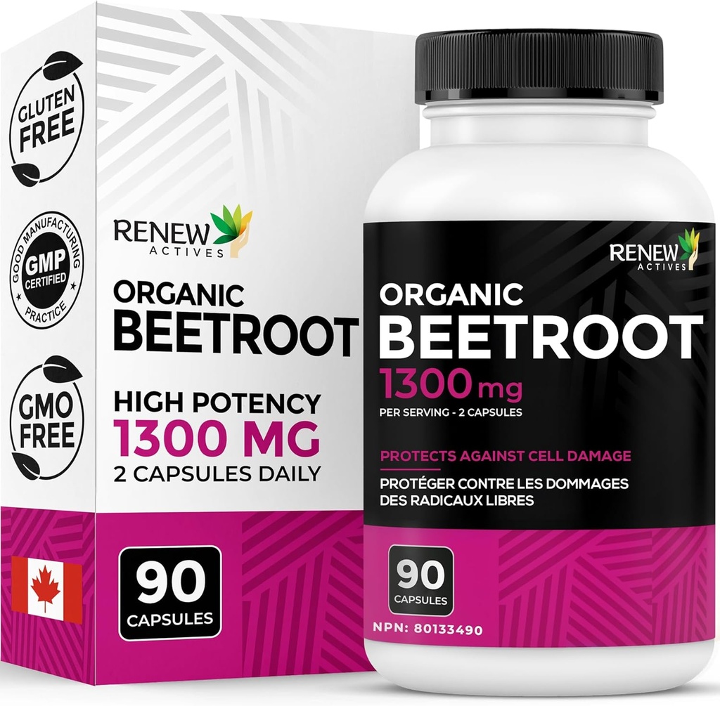 Renew Actives Organic Beetroot Supplement 1300MG per 2 Capsules - Pure Beetwortelpoeder voor Circulatie, Natuurlijke Energie, & Antioxidant Voordelen - High-Potency Superfood, Made in Canada - 90 Capsules
