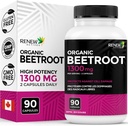 Renew Actives Organic Beetroot Supplement 1300MG per 2 Capsules - Pure Beetwortelpoeder voor Circulatie, Natuurlijke Energie, & Antioxidant Voordelen - High-Potency Superfood, Made in Canada - 90 Capsules