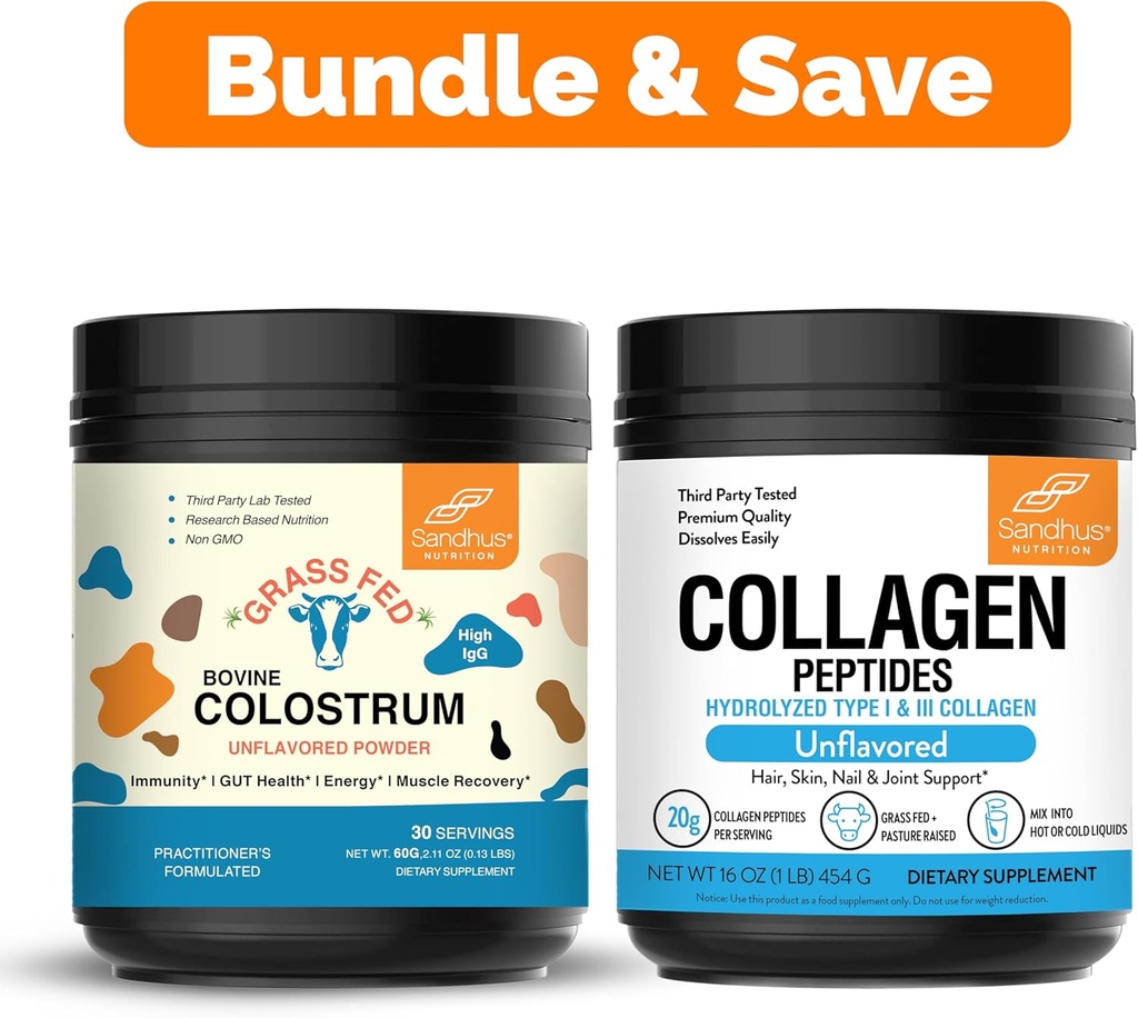 Sandhu's Pure Bovine Colostrum Powder Supplément pour les humains & Collagen Peptides Powder.