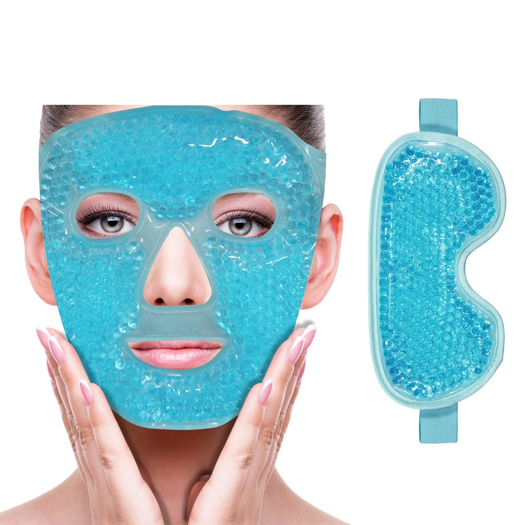 ZNÖCUETÖD Cooling Ice Face Eye Mask for Reducing Puffiness, Bags Under Eyes,Sinus,Redness,Pain Relief, Dark Circles, Migraine,Hot/Cold Pack with Soft Plush Backing (Blue(1* Eye Mask+1*Face Mask))