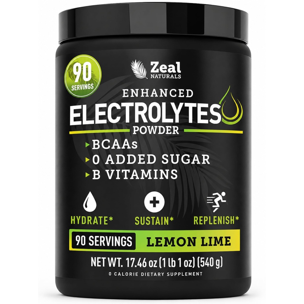 Zeal Naturals Electrolyte Powder Recovery Drink (90 portions) w 0 Sucre + BCAAs + B-Vitamines Electrolyte Supplément w Potassium Zinc & Magnésium pour l'hydratation - Keto Electrolytes