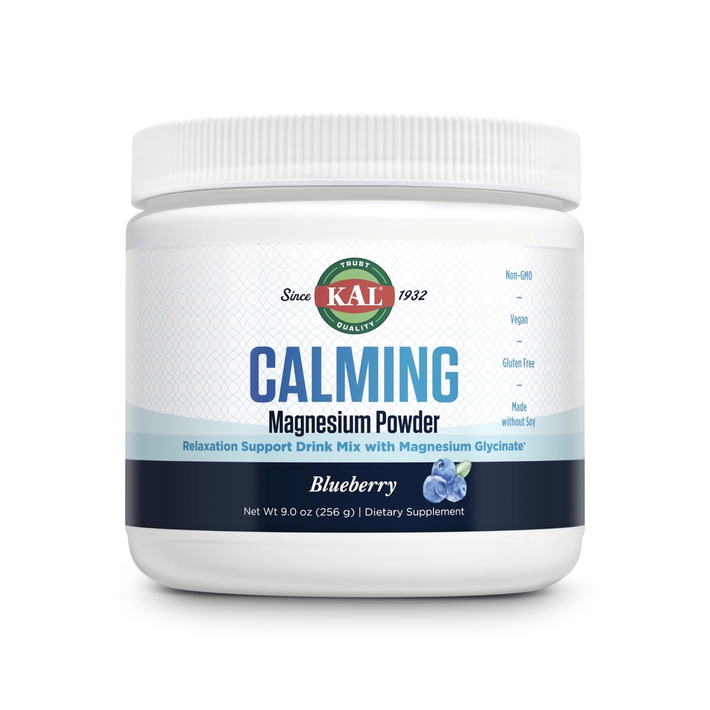 KAL Calming Magnesium Powder - Blueberry Flavor Magnesium Supplement - Hoge Absorptie, Ontspanning Ondersteuning, Geen Toegevoegde Suiker, Veganistisch, Glutenvrij, Gemaakt zonder Soja - 40 Serven, 9 oz
