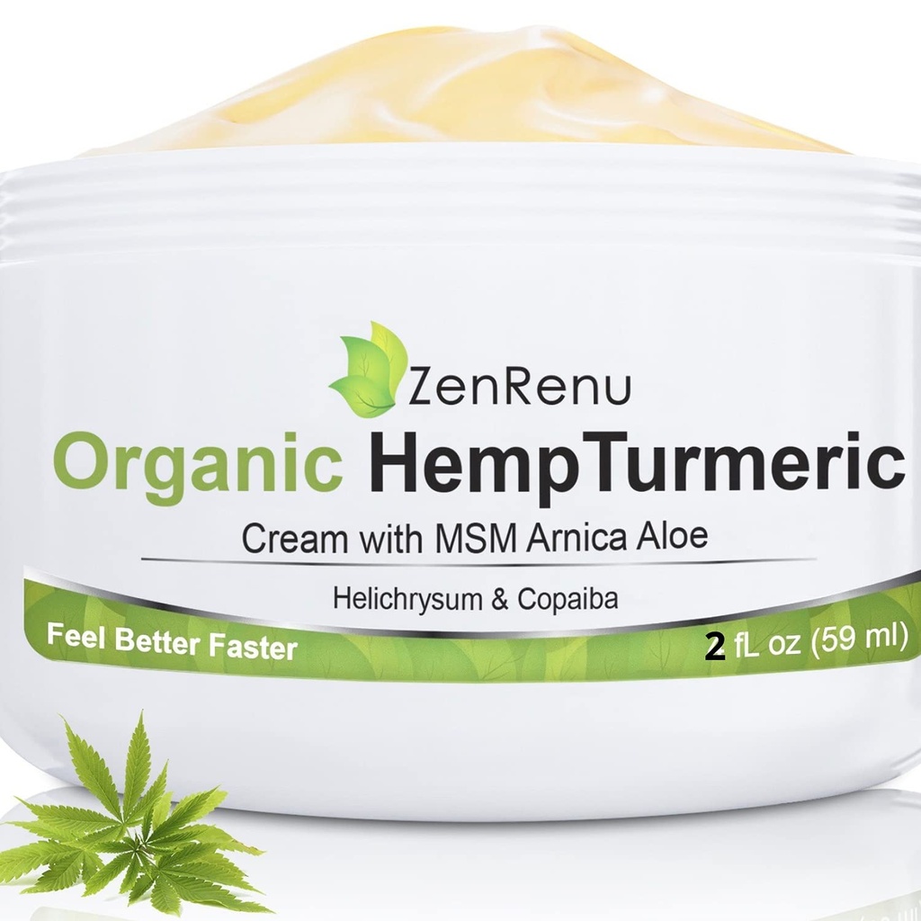 Zenrenu biologische hennep Kurkuma gewrichten & spier crème met Arnica, MSM, hennepolie Extract, & 7 essentiële oliën - niet vettig en snelle absorptie voor rug, nek, ellebogen, knieën, & hiep 4 oz