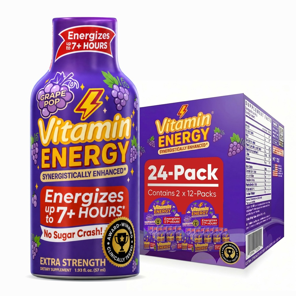 Vitamine Energy Focus+ Extra Strength Energy Shot Grape 24 Pack, 260mg Caféine naturelle, B-Vitamines, CoQ10, Acides aminés, Focus, Productivité et Clarté, Zéro sucre, Sans gluten, 1,93 fl oz