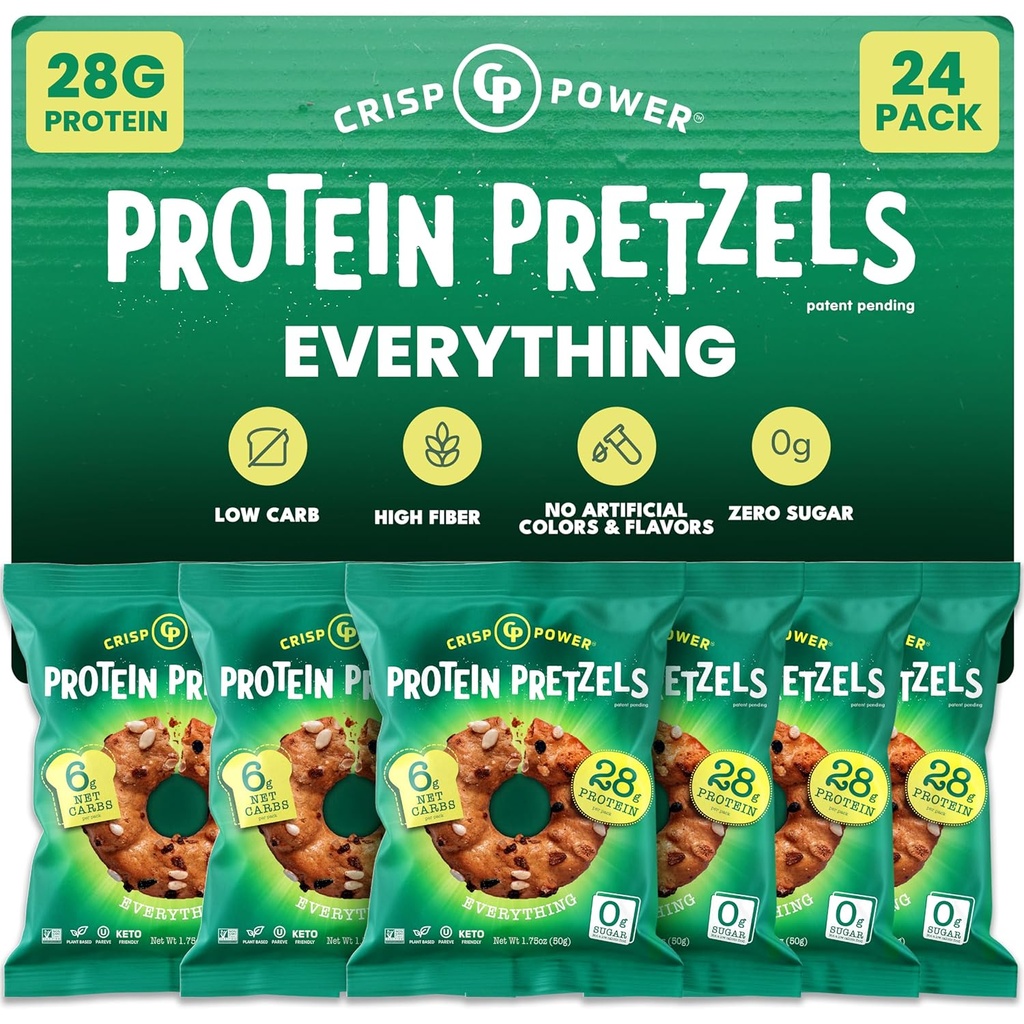 Crisp Power Protein Pretzels, Alles, High Protein Vegan Keto Snack, 28 G Plant Based Proteïne, Low Carb Crunchy Pretzel Snacks, Suikervrij, Geen Zaad Oliën, 1,75 oz Bags, 24 Pack