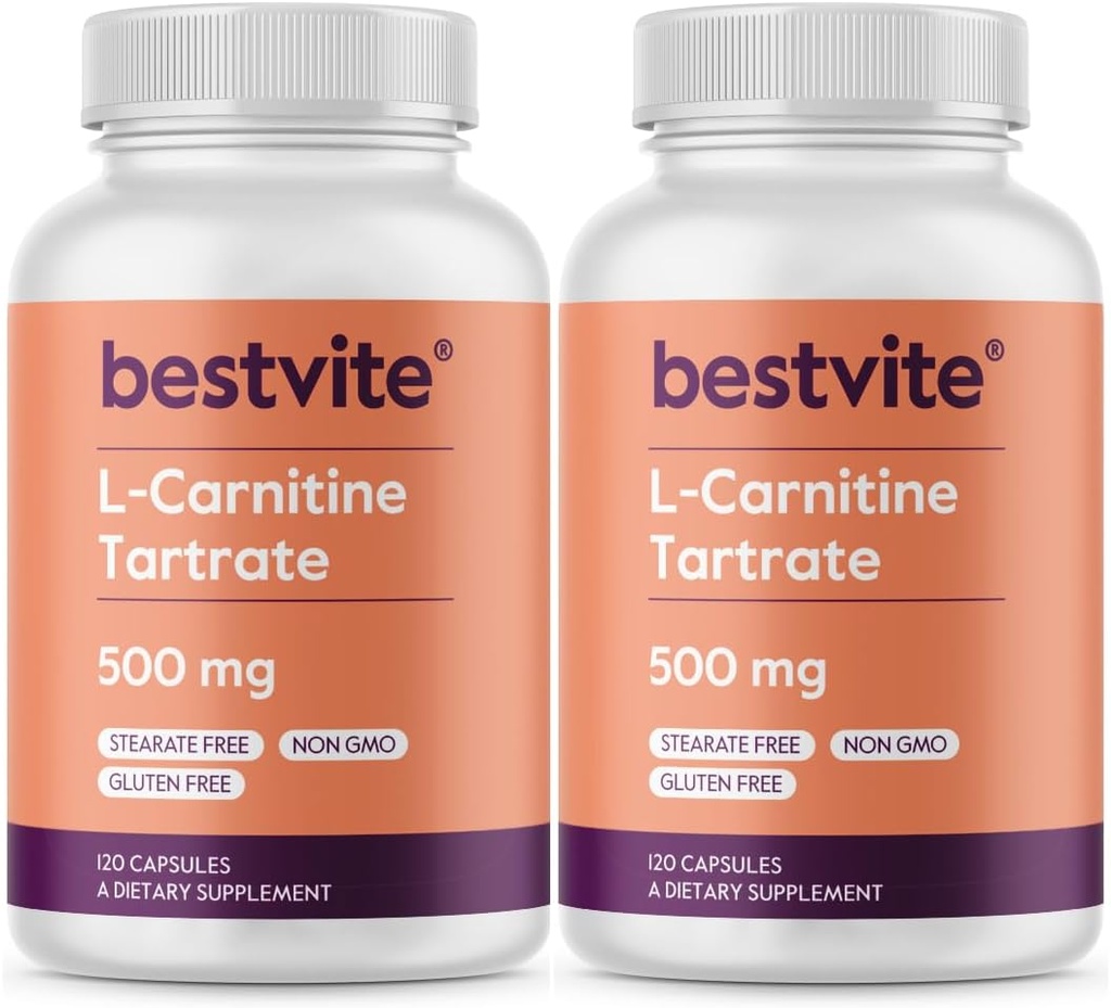 Tartrate de L-Carnitine BESTVITE 500mg par gélule (240 gélules)(120x2) - Pas de stéarate - Non OGM - Sans gluten