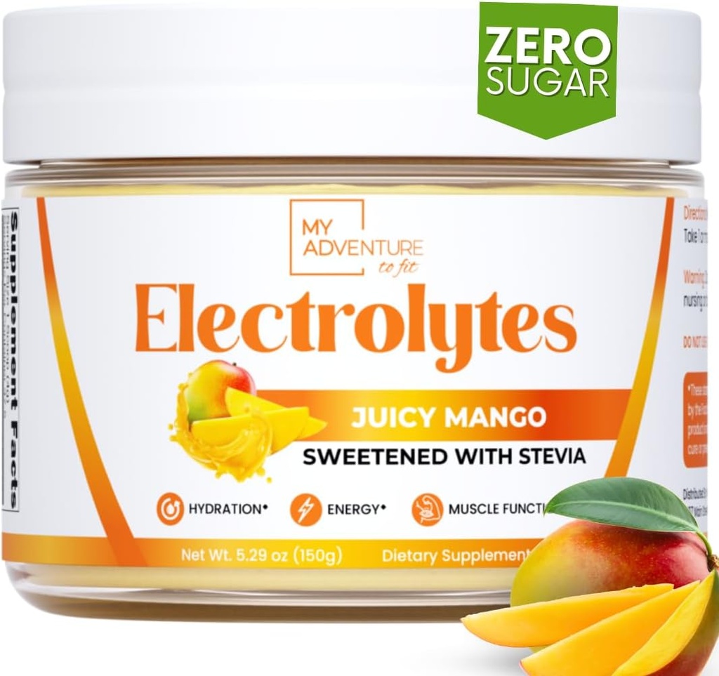 My Adventure to Fit Zero Sugar - Mango Electrolytes Powder - Cafeïnevrije energie met alle natuurlijke ingrediënten - Vegan, Keto & Paleo - Suikervrije Elektrolyten Hydration Drink Mix - 37 porties