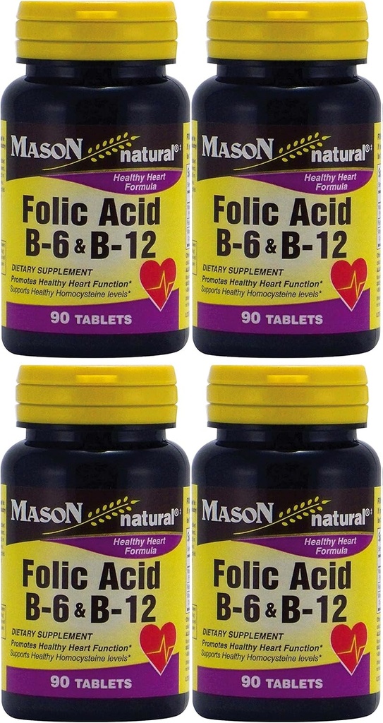 Foliumzuur B-6 & B12 hartgezondheidsformule 90 tabletten per fles Verpakking van 4 totaal 360 tabletten