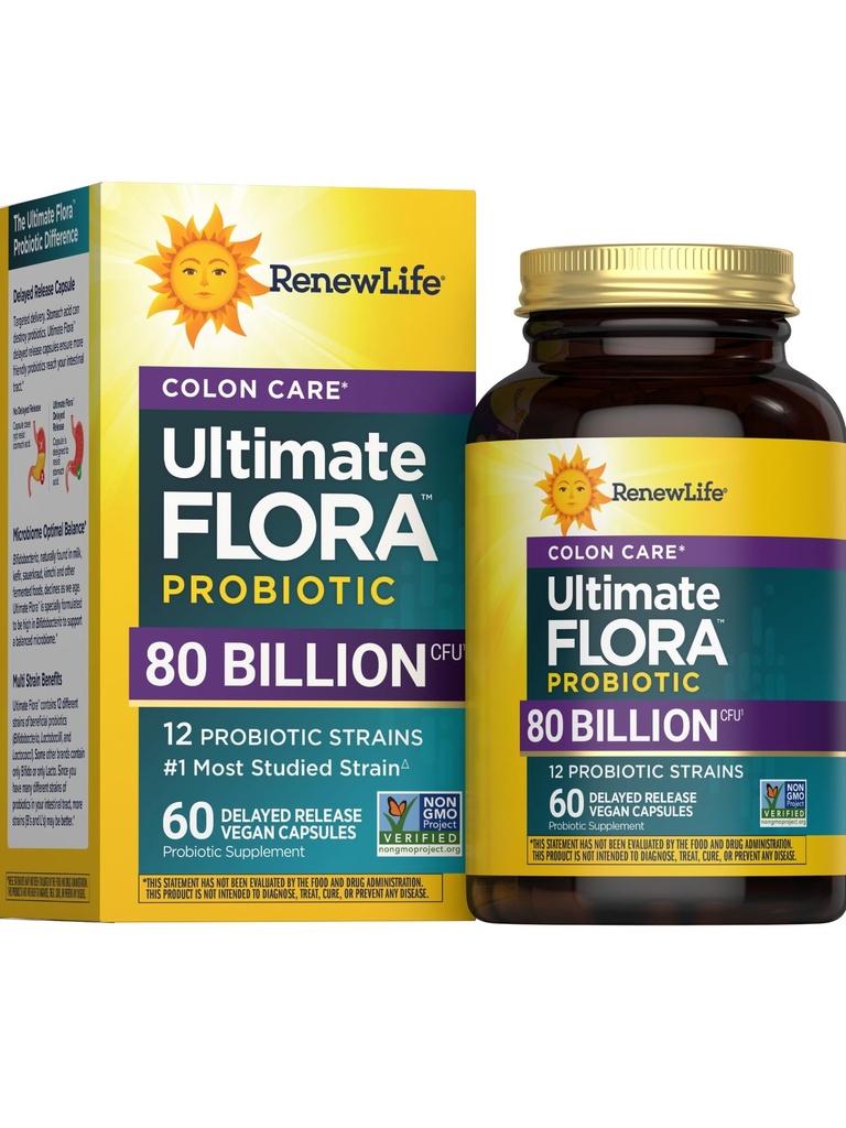Renew Life Probiotic Colon Care Probiotic Capsules, Dagelijks supplement Biedt Colon Support, L. Rhamnosus GG, Zuivel, Soja en glutenvrij, 80 miljard CFU, 60 Tellen