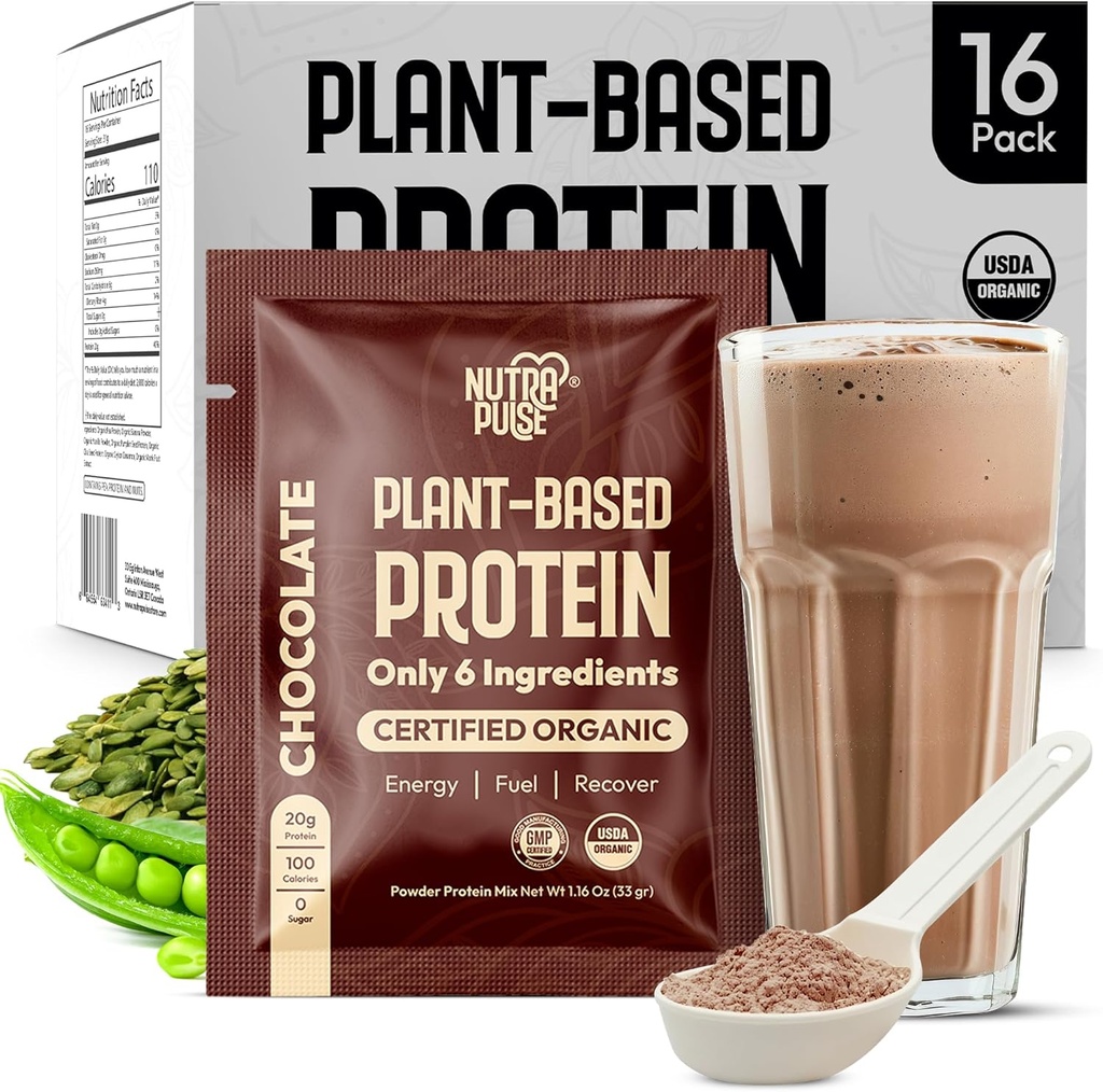 Paquet d'échantillons de poudre de protéines végétales organiques - Protéines végétales, sans gluten, non OGM, 20g de protéines par portion, idéal pour les smoothies et les shakes (chocolat, paquet de 16)