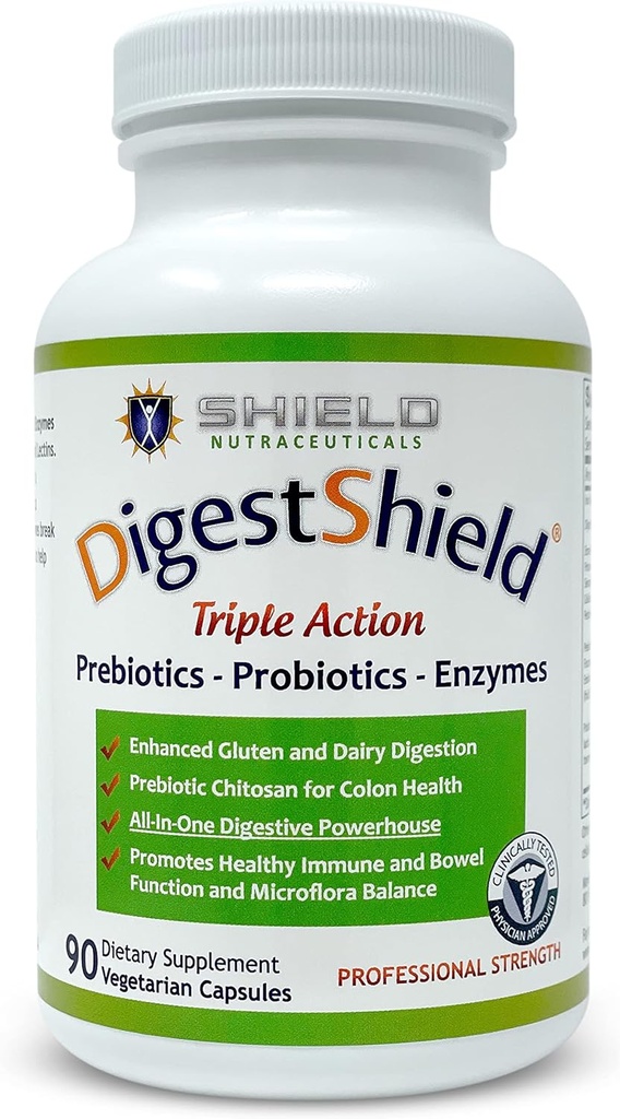 DigestShield® Probiotic & Prebiotic Supplement + Digestieve enzymen, Beat The Bloat, Safely Digest Dairy, Gluten and Processed Foods, Reduce Fat Absorptie with Chitosan, 90-Meal Supply