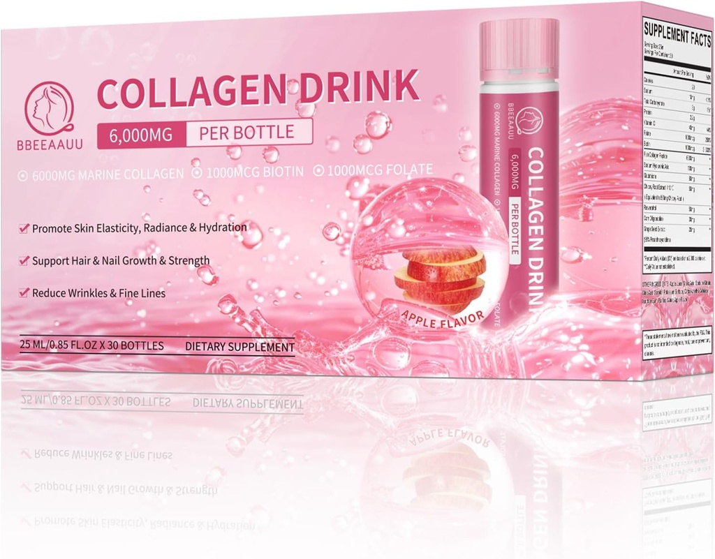 Collageen Drink 6000mg Marine Collageen Peptiden, Liquid Collageen Shots voor vrouwen met Hyaluronzuur, Vitamine C, Collageen Supplementen Ondersteuning Huid, Haar & Nagel, 0,85 Fl.Oz x 30 Flessen, Apple Flavor