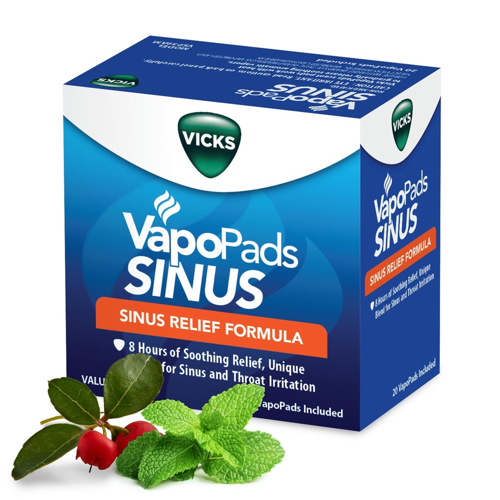 Vicks VapoPads Sinus Relief Formula - Résoudre les tampons de vapeur pour les humidificateurs Vicks et les inhalateurs à vapeur, les tampons parfumés pour la congestion de Sinus et l'irritation de la gorge, 20-Pack, boîte couleur mai Varier