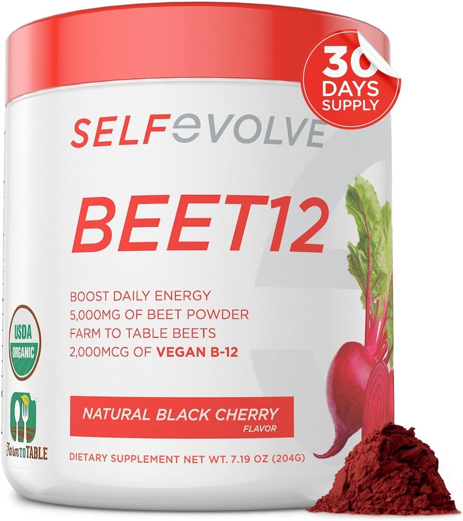Abeille autovolve12 - Poudre de racine de betterave biologique enrichie en vitamine B12, Booster à oxyde nitrique, Poudre de jus de betteraves Support énergie naturelle, Poudre de betterave avec saveur de cerise noire, 30 portions