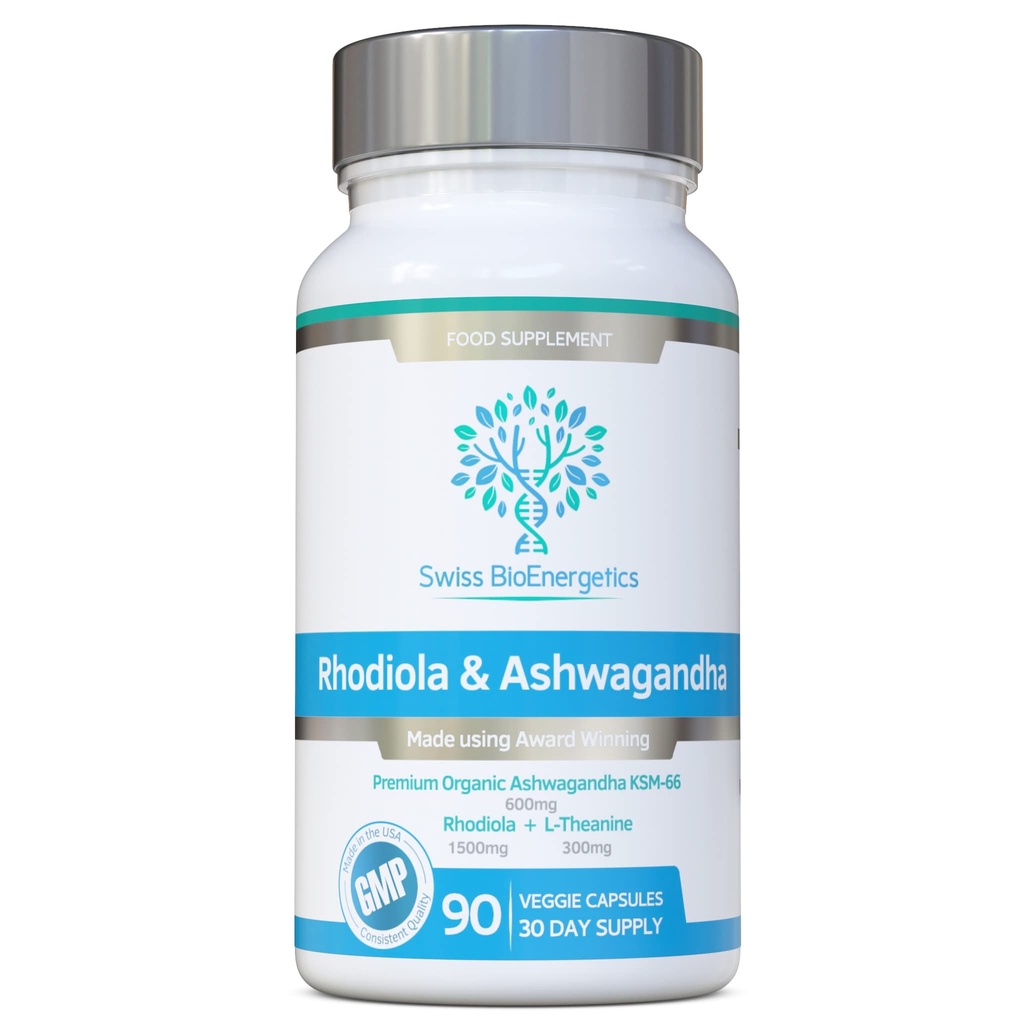 Rhodiola et Ashwagandha avec L-Theanine - Prix Ashwagandha KSM-66 600mg et 1500mg Rhodiola (3% Rosavins - 1% Salidrosides) équivalent racine entière- adaptogène combo- Pas de charges artificielles