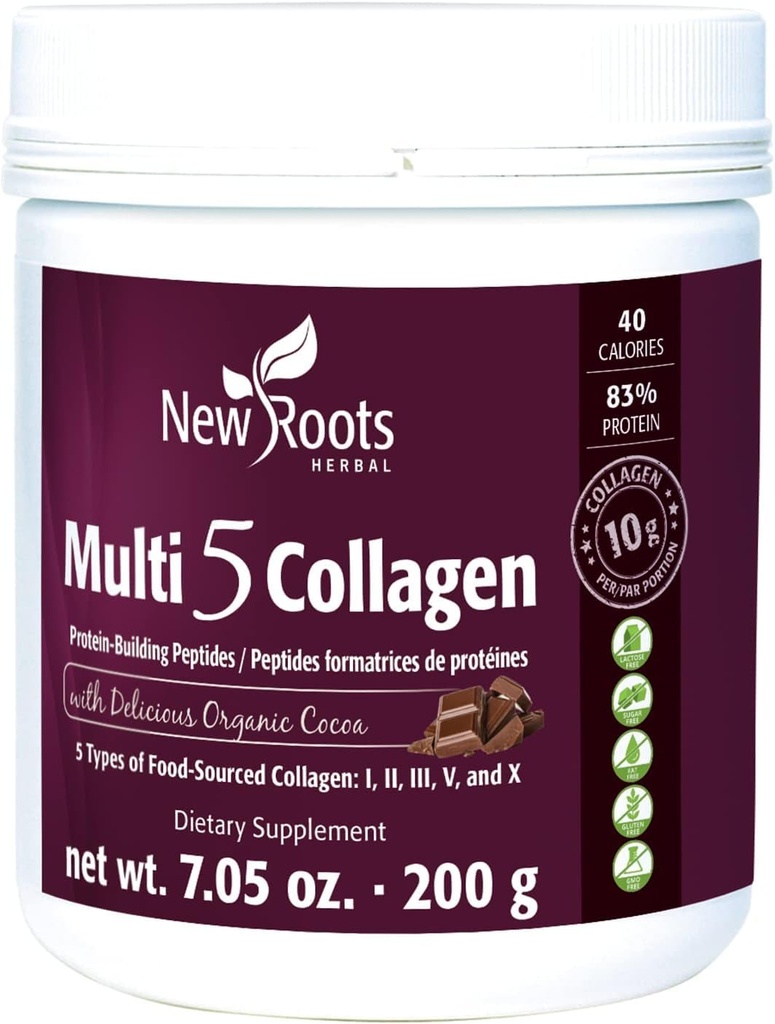 NIEUWE ROOTS HERBAL Multi 5 Coco Collageen Powder Supplement (typen I, II, III, V en X) Gehydrolyseerde collageen - zuivel en glutenvrij - 12g per portie - chocoladesmaak, 7,05 oz