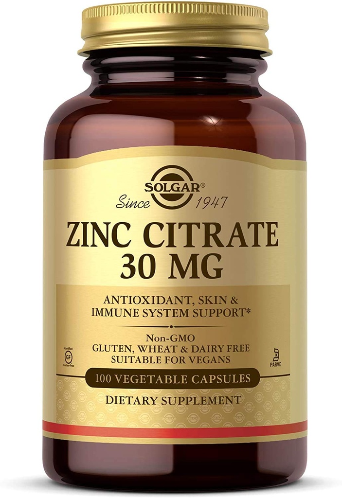 Solgar Zink Citrate plantaardige capsules, 100 Tel, Non-GMO, Glutenvrij, en Kosher, Ondersteunt Immuun Systeem Gezondheid, Gezonde Huid en Ogen, Normale Smaak en Visie