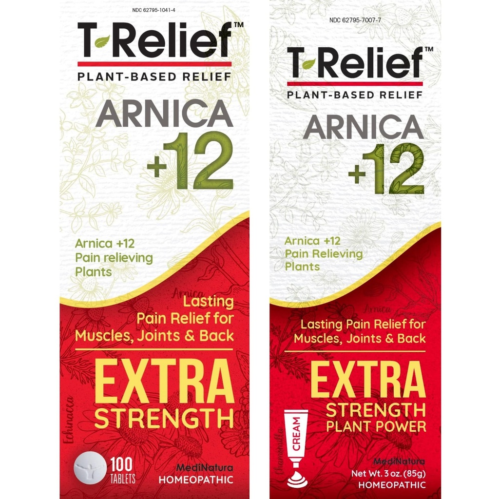 MediNatura T-Relief Extra sterkte pijn verlichting Arnica +12 Plant-Based Pijn Relievers 100ct tabletten T-Relief Extra sterkte pijn verlichting 3oz crème bundel