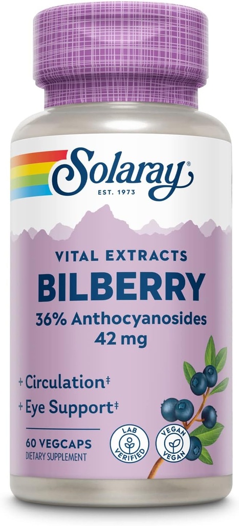 SOLARAY Bilberry Berry Extract 42 mg, Eye Health & Circulatie Ondersteuning, met 36% Anthocyanosides, Vegan, 60 VegCaps