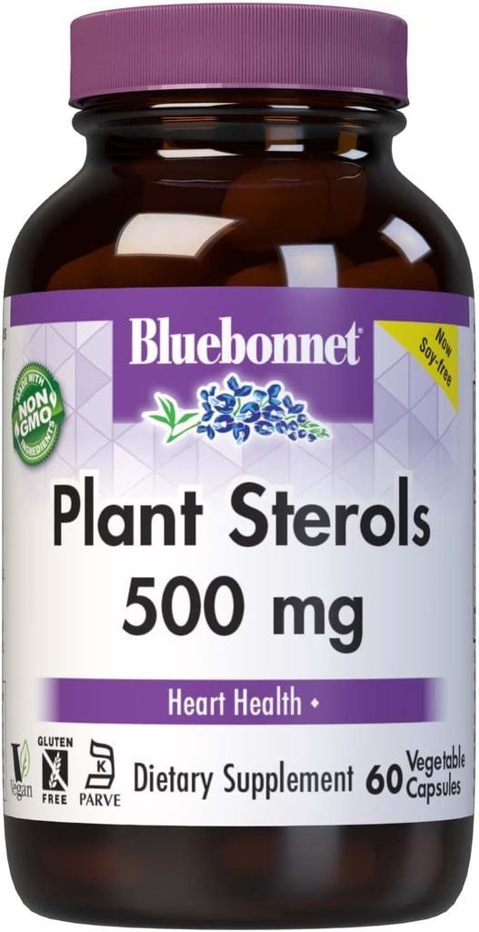Stérols de la plante de nutrition Bluebonnet 500mg, soutient la santé cardiaque*, sans gluten, sans OGM, sans casher, sans lait, végétalien, 60 capsules végétales, 60 portions