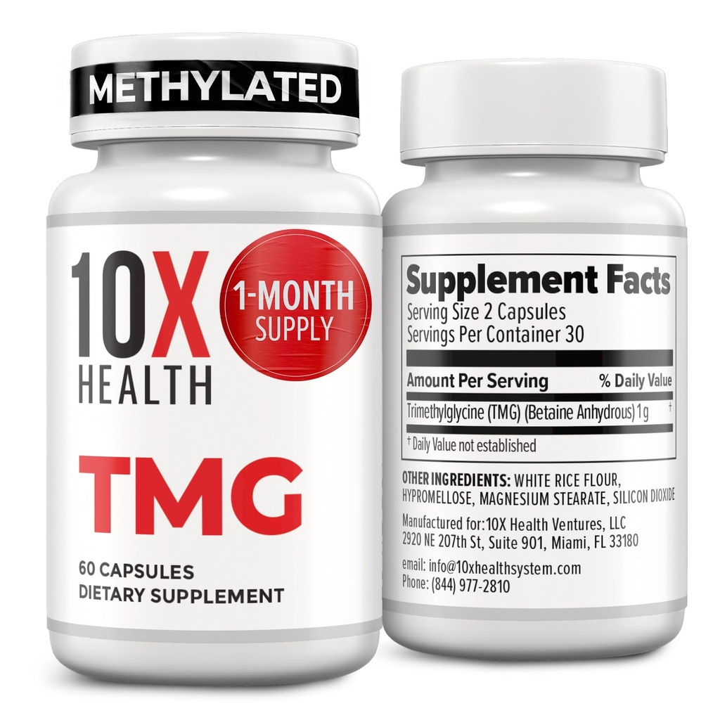 Suppléments TMG santé 10X - Supplément triméthylglycine pour le soutien du foie, le mieux-être cardiaque, l'énergie, les niveaux d'homocystéine - Capsules TMG avec bêtaine anhydre - Non-OGM et sans gluten - 60 Capsules