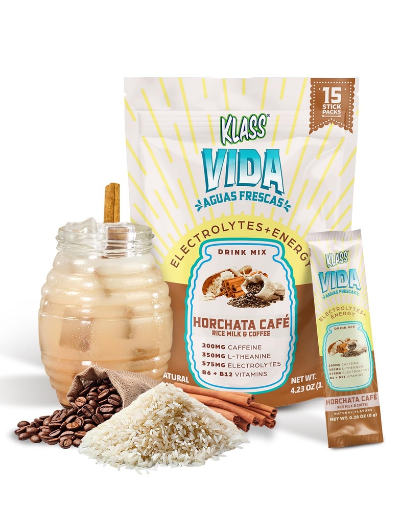 Hydratation + énergie Mélange de boissons électrolytiques – Café Horchata Agua Fresca Flavor , Poudre sans sucre avec caféine, L-Theanine, eau de coco et minéraux , 15 Packs de bâtons à simple portion