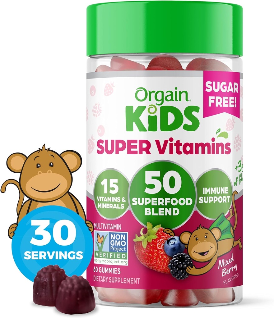 Orgain Kids Suikervrije Multivitamine Gummies, Vegan & Plant Based, 50 Superfoods, 15 Vitaminen en Mineralen, Immuun Ondersteuning en 3g van vezel, gemengde bessen, leeftijden 4+, 1 maand levering (60 Gummies)