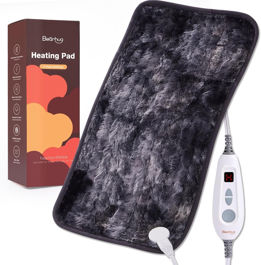 Bearhug elektrische verwarmingskussen 12''x24' dubbelzijdige faux fur verwarmd pad, 6 warmteniveaus, 2H automatisch uit, vocht en droge warmtetherapie voor rugpijn verlichting, machine wasbaar, ETL gecertificeerd - geschenk doos