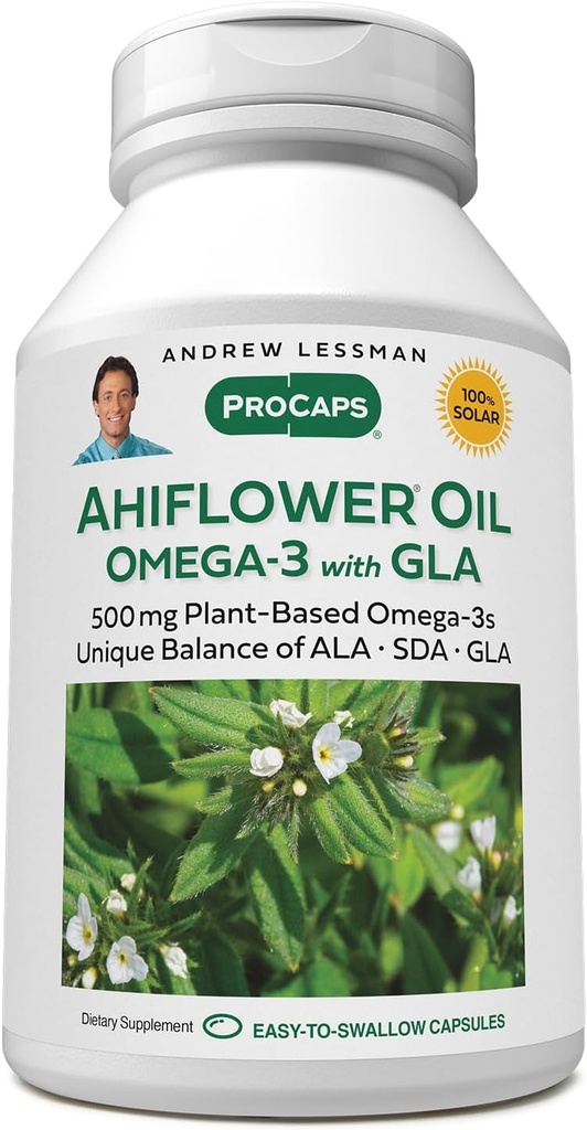 ANDREW LESSMAN Ahiflower Omega-3 met GLA - 60 Softgels - Uniek Balanced, Plant-Based Bron van essentiële Omega-3 vetzuren. Geen maagklachten, verontreinigingen of kwik. Eenvoudig doorslikken