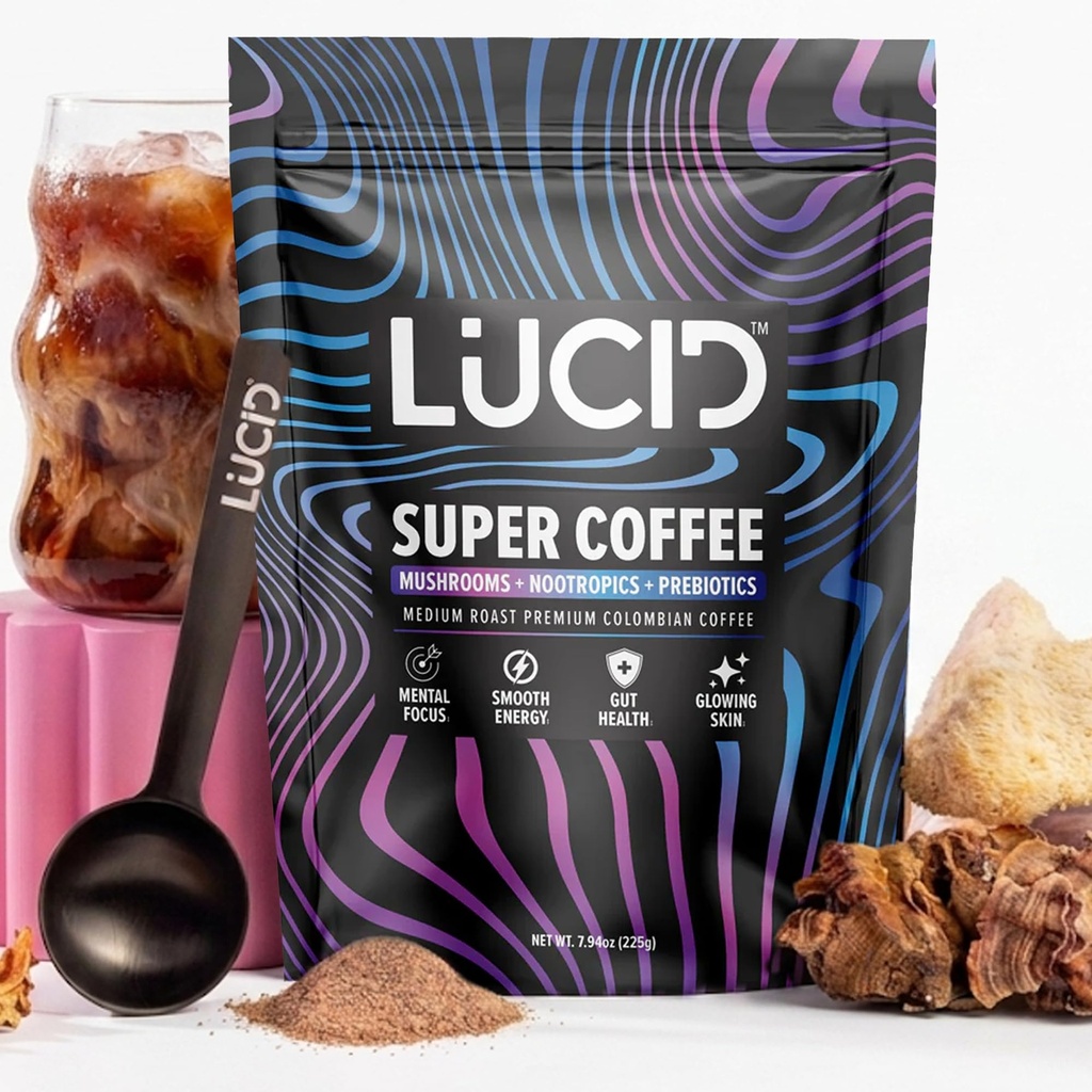 Lucid Superfood Bio Mushroom Café avec Nootropics - Lion's Mane, Tremella, Cordyceps & Turkey Tail - Instant Mushroom Café Focus Cerveau Santé - Alpha GPC, L-Theanine, Ginko Biloba - USA Made