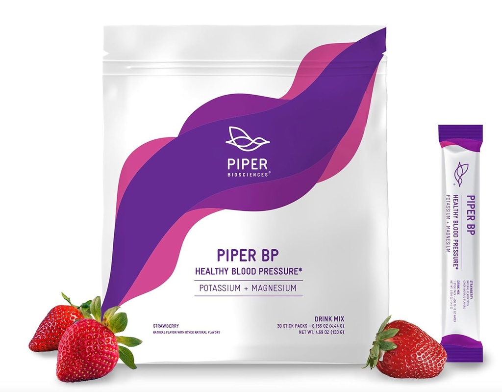 Piper Biosciences Blood Pressure Drink Mix met Kalium Citroen en Magnesium Citroen Poeder (Vegan, Non-GMO): 30 Stick Packs