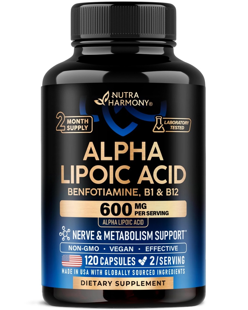 Alpha Lipoïnezuur 600 mg - ALA-supplement Antioxidant voor nerve, energie- en stofwisselingsondersteuning - Extra sterkte met Benfotiamine, B1 & B12 - Lab Tested, Non-GMO & Vegan - 120 capsules, 2 maanden supply