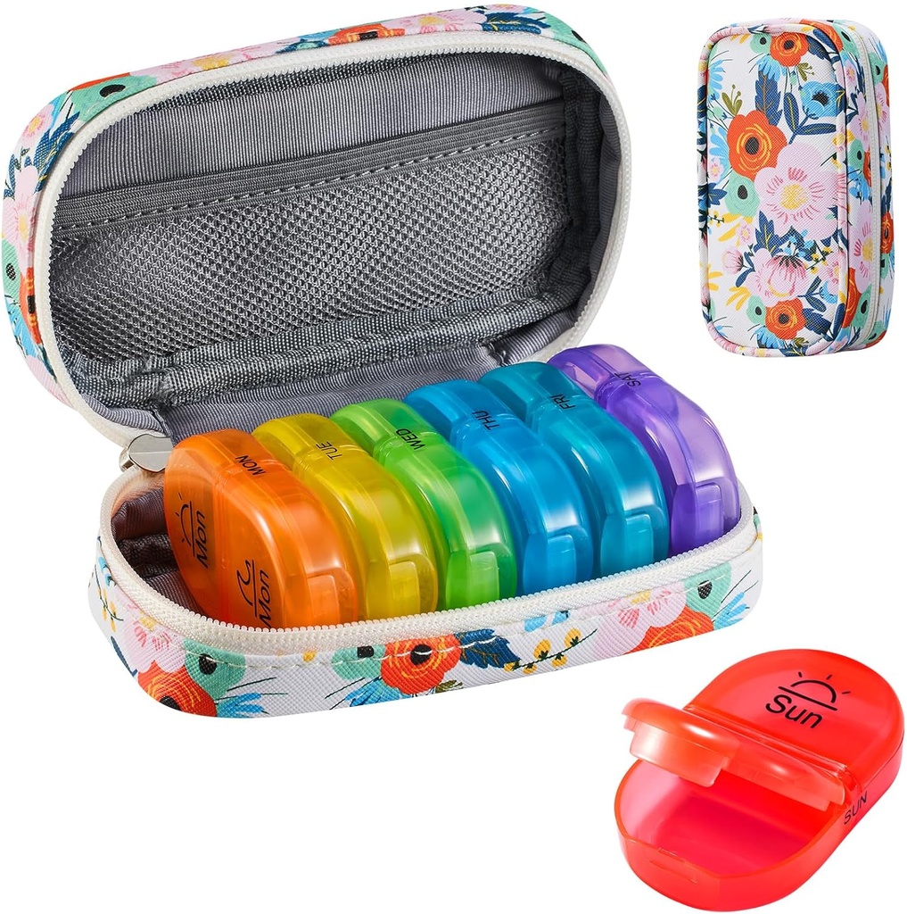Serfeymi Weekly Travel Pill Organizer 2 keer Een dag AM PM Geupgraded Regenboog Pill Box 7 Dag met Portable Zipper PU leren pil Case, Medicine Organizer voor pillen, Vitaminen, Visolie - Floral 03