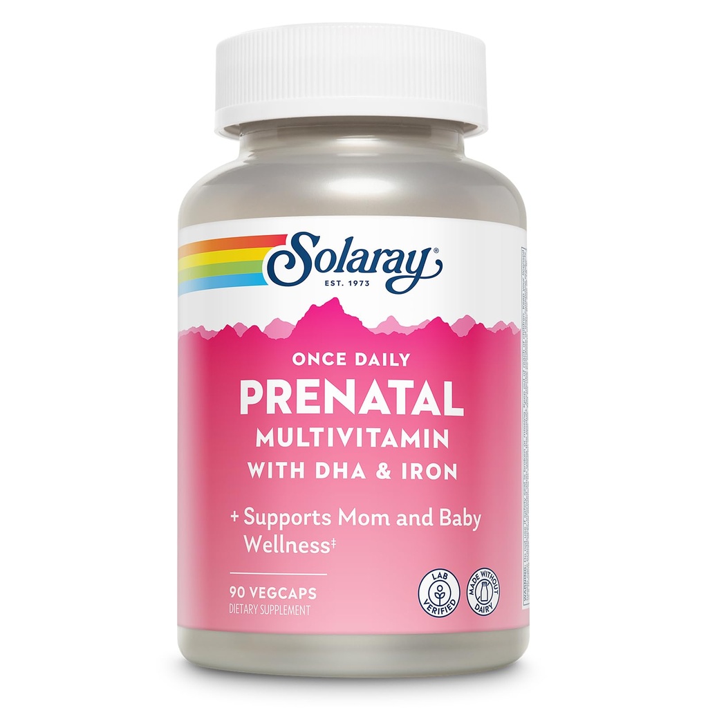 SOLARAY Eenmaal daags prenatale multivitamine met DHA & ijzer, prenatale vitamines en mineralen voor aanstaande moeders, Easy Morning Herbal Blend & Whole Food Base, Lab geverifieerd, 90 porties, 90 VegCaps