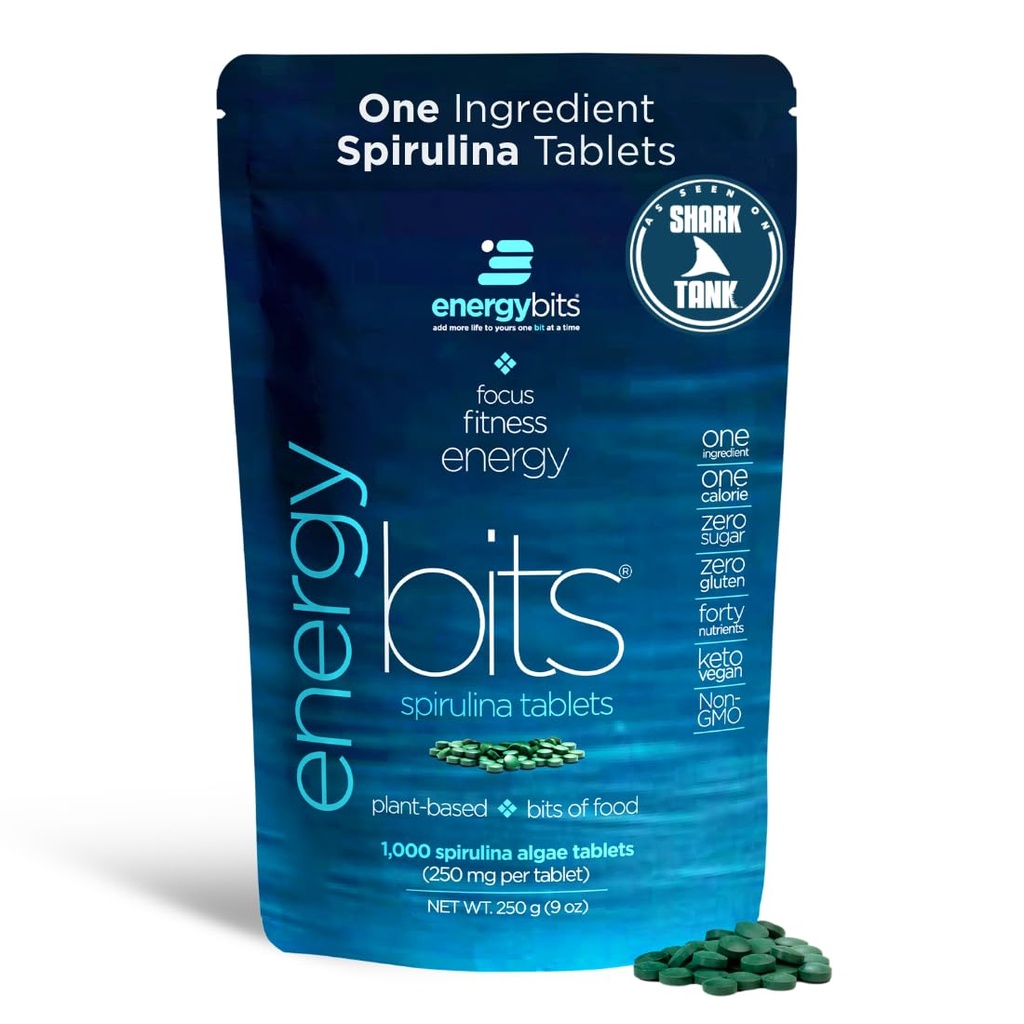 ENERGIEBITS - Organische Spirulina Tabletten - Plantgebonden Algen Superfood - voor Focus, Fitness, Energie - Plant Proteïne - Glutenvrij - Collageen, Vitamine B12, Omega 3 - Keto & Vegan - 1000 Algen Tabletten