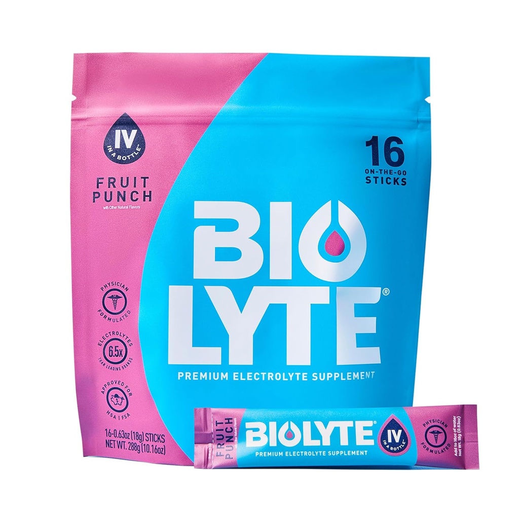 BIOLYTE IV Electrolyte Powder Packets, IV Liquid Drink Mix for Water, Doctor-Developed Hydration, HSA & FSA goedgekeurd Dehydration Relief, Chemotherapie Must Haves for Women, Men- Fruit Punch (16 Sticks)