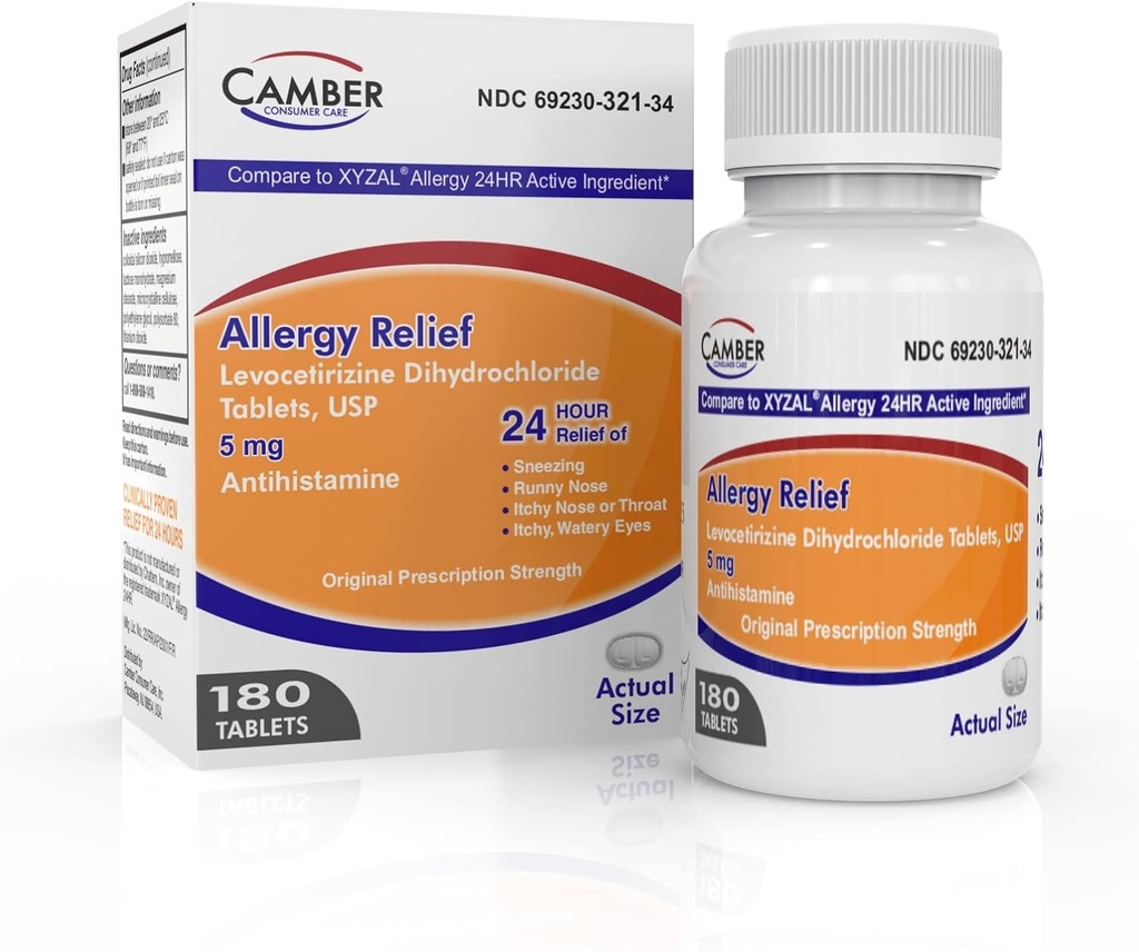 Camber Consumer Care Levocetirizine Dihydrochloride 5mg Antihistamine Tablets, Allergie Relief Medicine (180 Tel.)