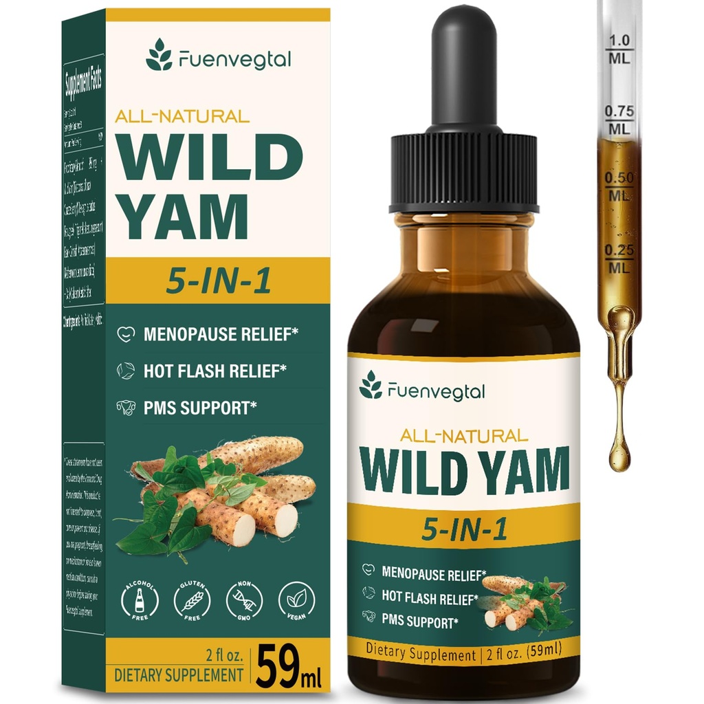 Les gouttes d'extrait de racine de Yam sauvage, supplément pour femmes avec Fenugreek & Motherwort Herb pour Ménopause Relief & PMS Support. Fenogreco y Ñame Salvaje para la Menopausia. 2oz