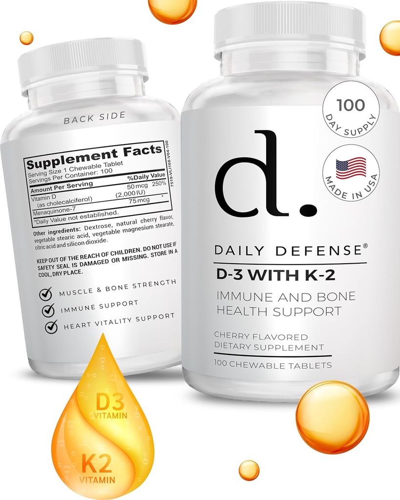 Immune Defense Supplements Vitamin D3 K2 2000IU for Heart Health, Daily Immune Support, Mental Clarity, & Muscle Function - 100 Chewable Tablets