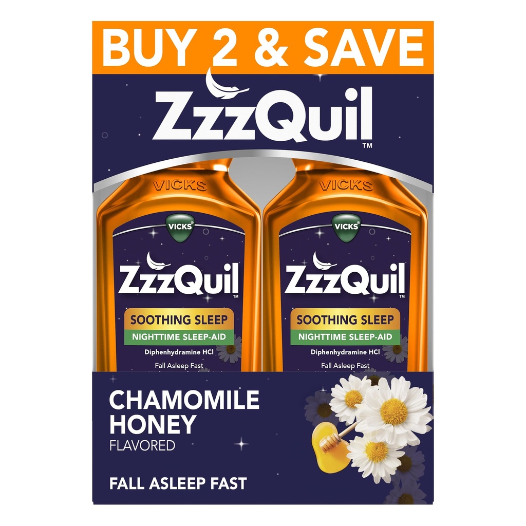 ZzzQuil vloeibare slaaphulp, kalmerende slaap, difenhydramine 50mg HCl, kamille honing smaak, nacht slaaphulp vloeistof, slaapmiddelen voor volwassenen, 2 Pack, 24 FL OZ