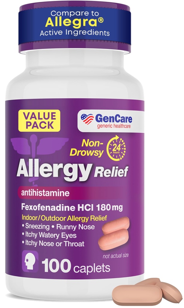 GenCare Allergie Relief Pillen - Fexofenadine 180mg 24-uurs Non-Drowsy Allergie Geneeskunde Antihistamine, Vergelijk met Allegra 24-uurs Non-Drowsy Pillen voor Itchy Eyes, Runny Nose, Hives (100 Count)