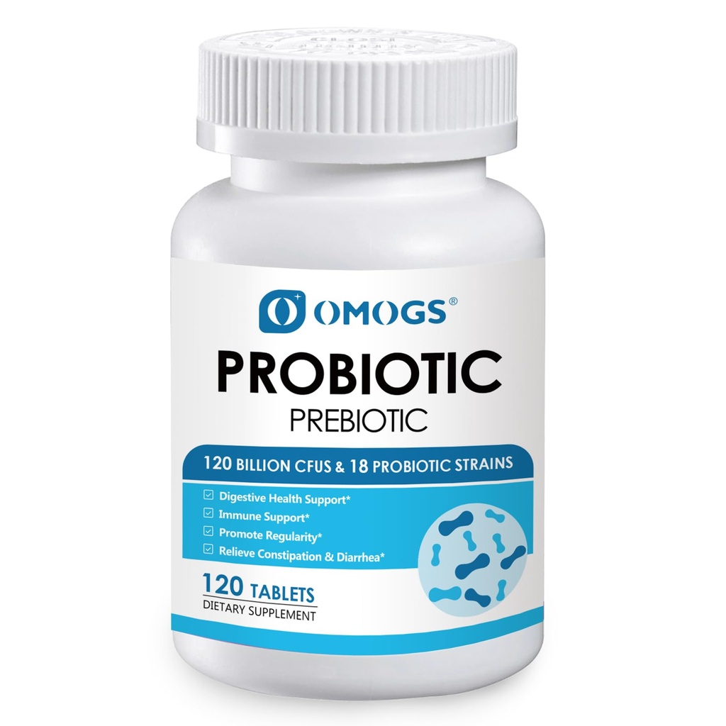 OMOGS Probiotiques 90 milliards CFU 18 souches, avec 3 prébiotiques organiques et vitamine C, supplément nutritionnel pour les femmes, les hommes et les enfants, soutenir le métabolisme, l'immunité et la santé digestive, non-OGM, 90 comprimés