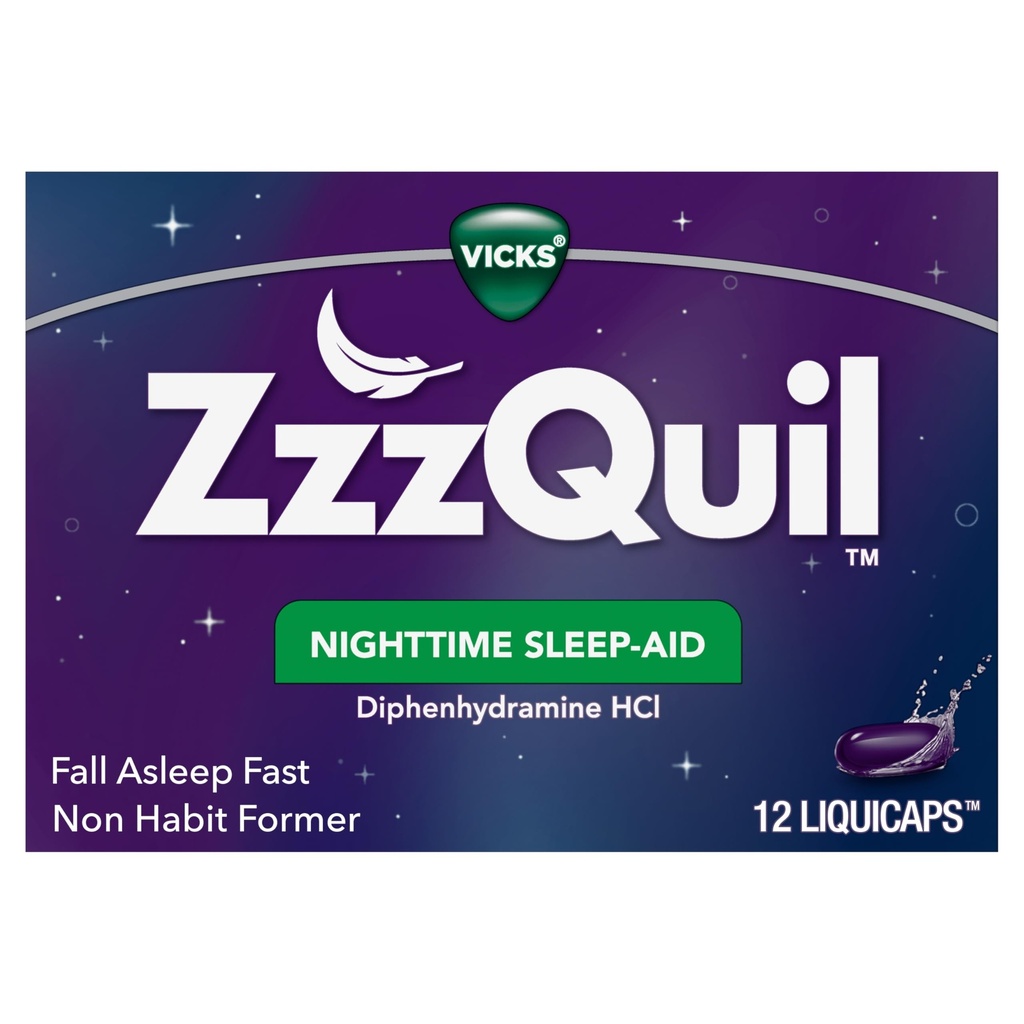 ZzzQuil, aide au sommeil de nuit LiquiCaps, 25 mg de Diphenhydramine HCl, marque d'aide au sommeil no 1, forme non-habitante, asleep d'automne rapide, 12 nombre