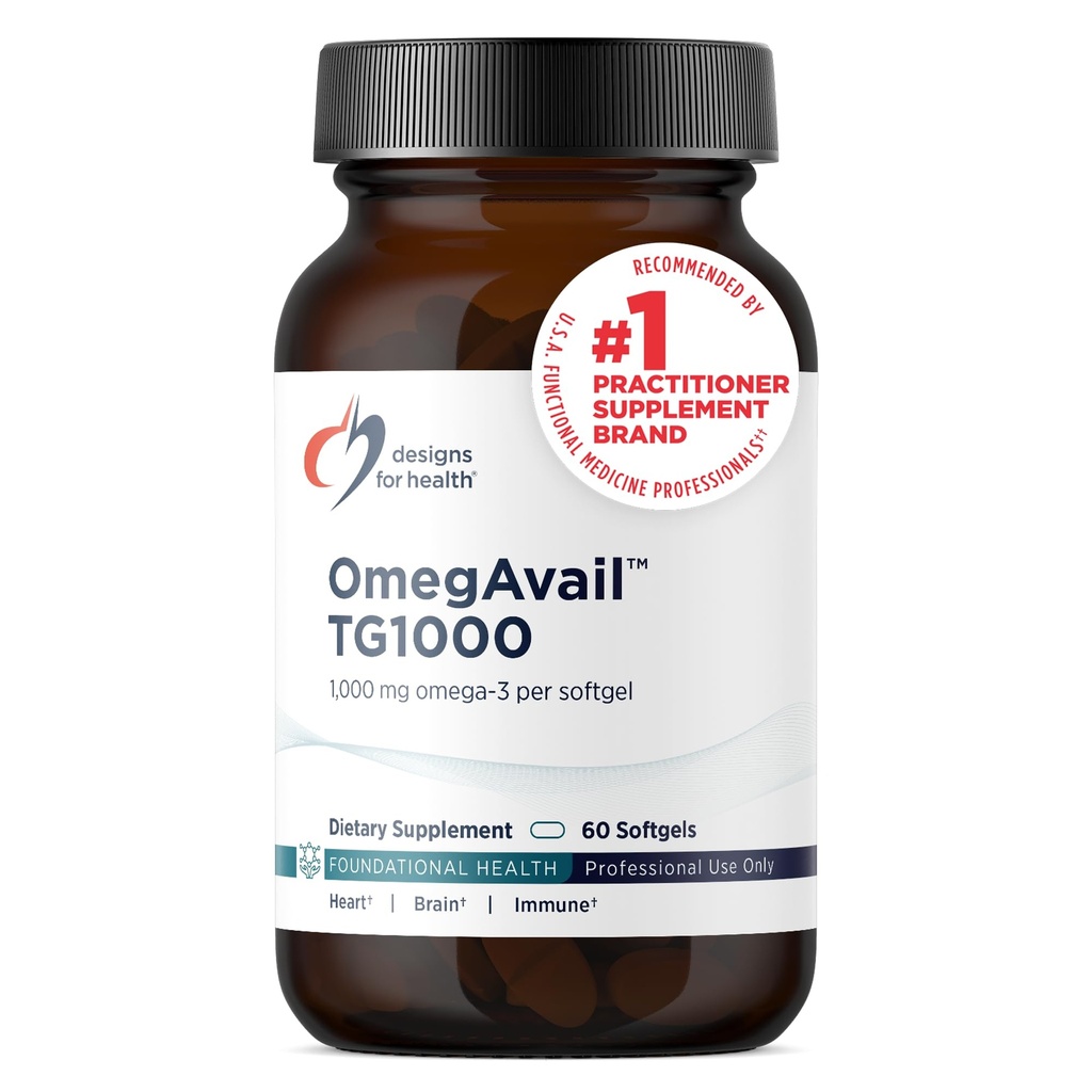 Designs for Health OmegAvail TG1000 - TG (triglyceride) Visoliesupplement met EPA/DHA - Zeer geconcentreerd 1000mg Omega-3 Per Softgel - Natuurlijke Citroensmaak + Geen Fishy Aftersmaak (60 Softgels)