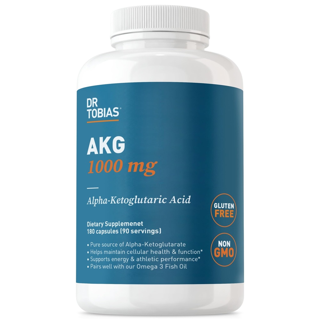 Dr Tobias AKG Supplément 1000mg par portion, acide cétoglutarique alpha biodisponible, supporte l'énergie cellulaire et le flux d'oxyde nitrique, végétalien, sans gluten, non-OGM, 180 capsules, 90 portions