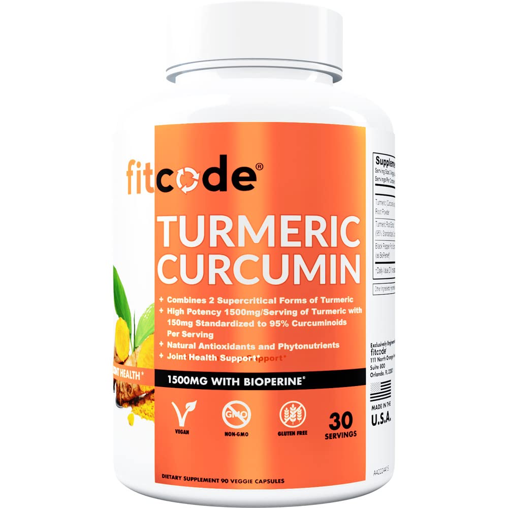 fitcode Kurkuma Curcumine met 95% Curcuminoïden, Hoogste Potentie, Non-GMO, Glutenvrij, 1500mg Ultra-Pure Kurkuma Curcumine met BioPerine voor verbeterde absorptie, 30 Serving Veggie Capsules