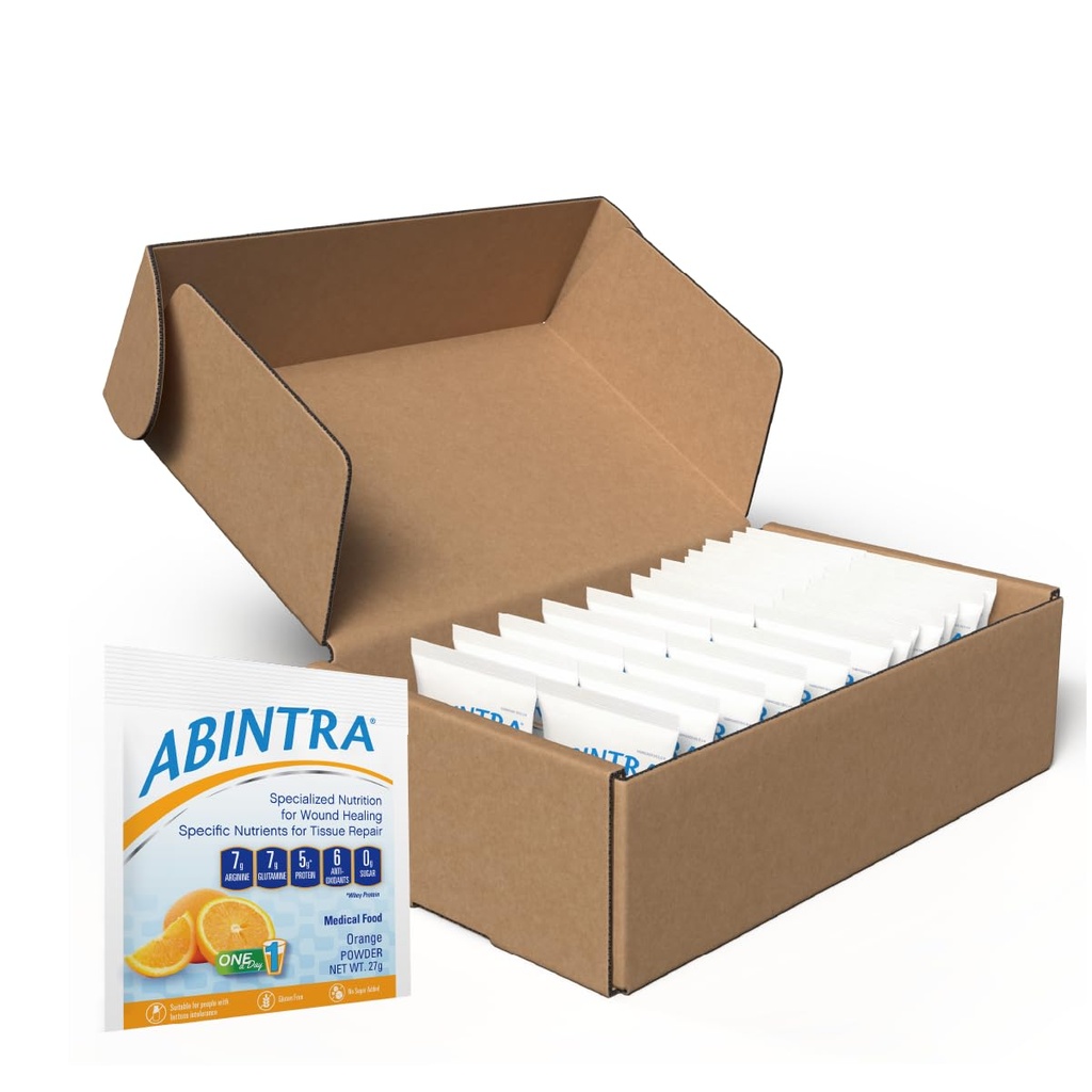 ABINTRA Specialized Wound Healing Nutritional Supplement omvat L-Arginine, L-Glutamine, Wei Proteïne, Vitaminen en Mineralen, Orange Flavor, Made in The USA - 30 Packets