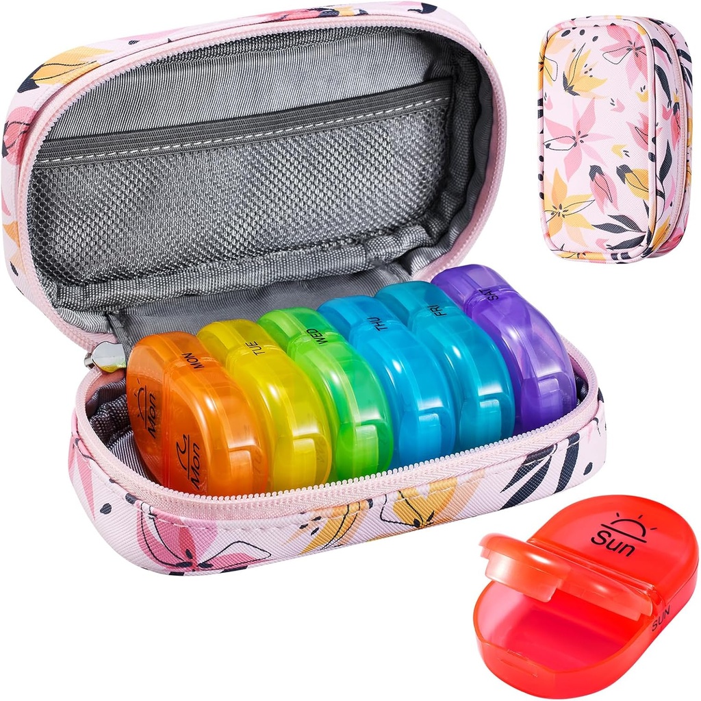 Serfeymi Weekly Travel Pill Organizer 2 keer Een dag AM PM Geupgraded Regenboog Pill Box 7 dag met Portable Zipper PU leren pil Case, Medicine Organizer voor pillen, Vitaminen, Visolie - Roze 03